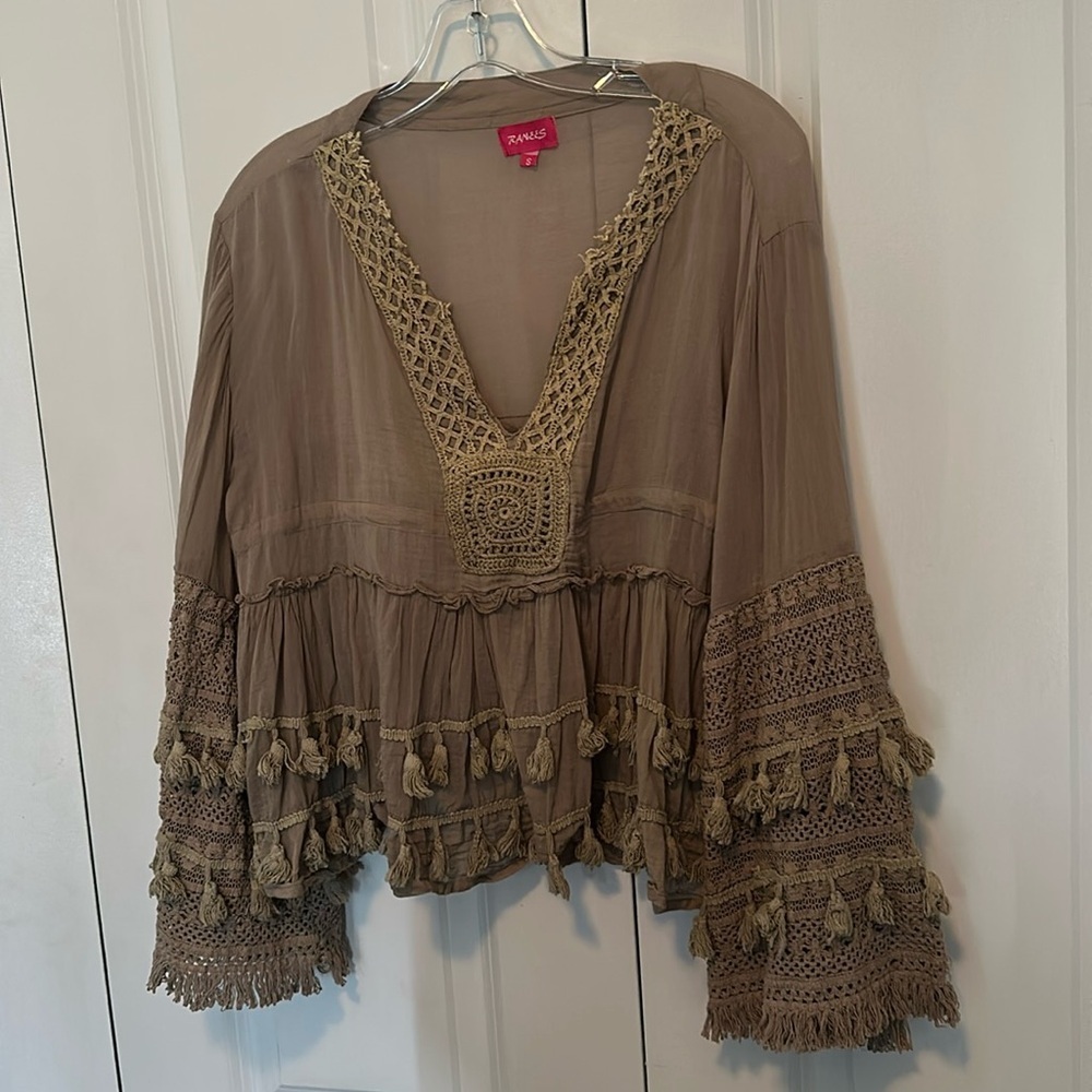 Ranees olive khaki thin boho v neck tassels embroidery flare sleeves, small